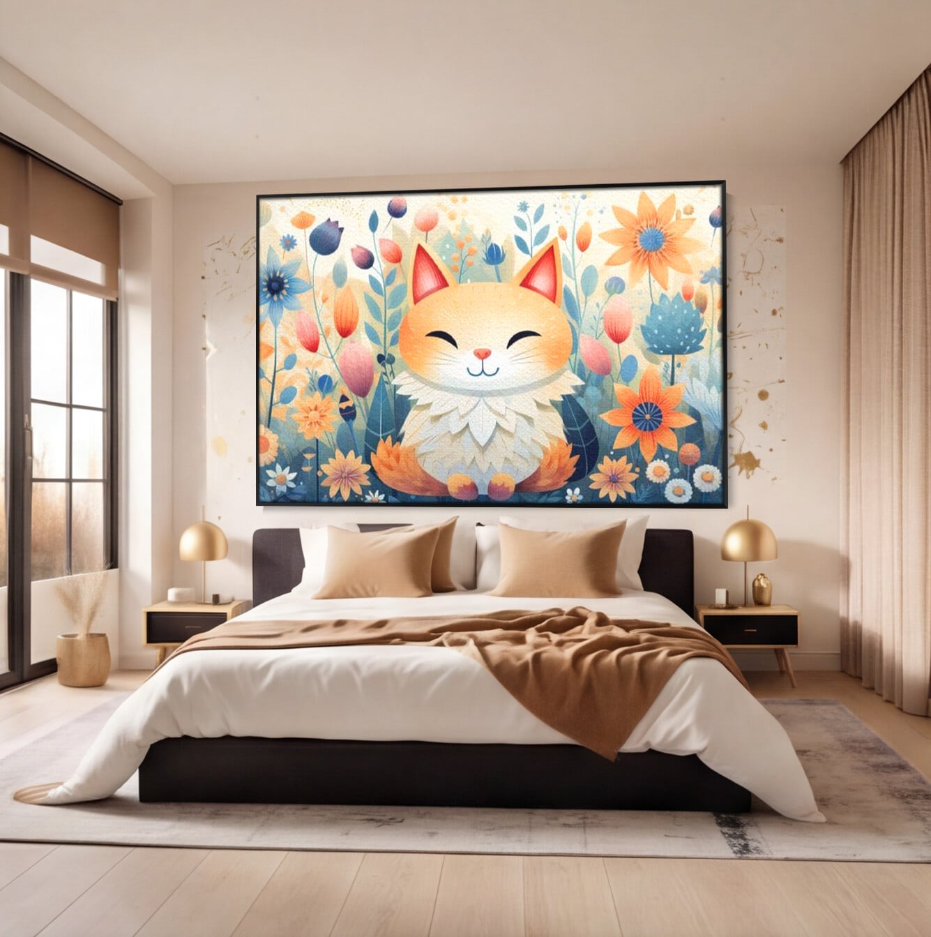 Tablou canvas cu tablou canvas cu pisicuta in gradina cu flori, in rama de aluminiu negru, pe perete intr-un dormitor